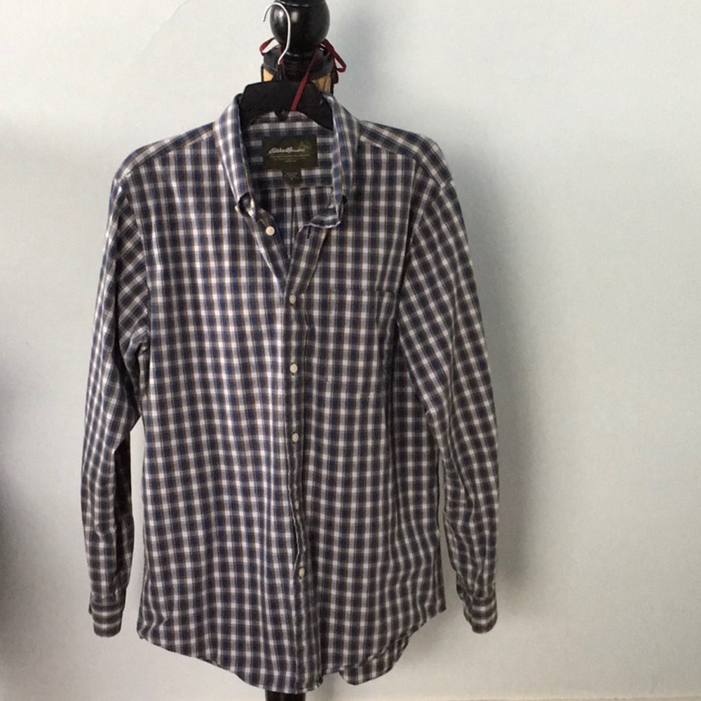 Eddie Bauer blue/gold/white plaid cotton shirt